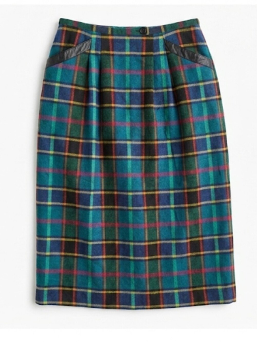 Simon Chang women's vintage plaid wool and leather midi skirt size 10